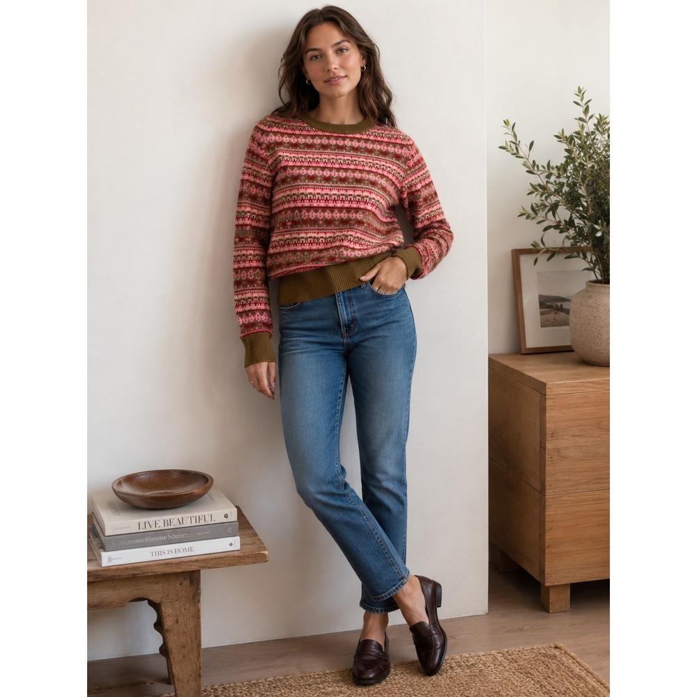 J Crew Sweater Womens Medium Brown Pink Fair Isle Preppy Hearts Lambswool Blend